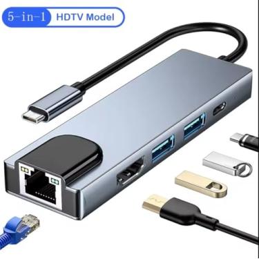 Imagem de Hub Adaptador USB Dockstation 5 em 1 USB Tipo C Multiportas Entradas RJ45 HDMI USB 3.0 Compatível com Notebook, Macbook, Laptops e Smartphones | HUB USB 3.0 5 em 1|