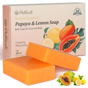 Imagem de PALFICAB Sabonete natural de mamão e limão para esfoliante, sabonete em barra para mulheres com mamão, limão, óleo de coco, manteiga de karité, planta orgânica, livre de crueldade, limpa e suaviza, 2