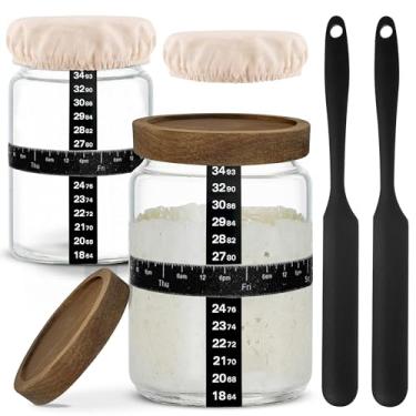 Imagem de NAYYAB PRODUCTS Kit de 2 frascos para iniciantes Sourdough, pote de 680 g com tampas de madeira, linha de escala de onça, raspador de silicone, capa de pano, adesivo de termômetro, faixa de