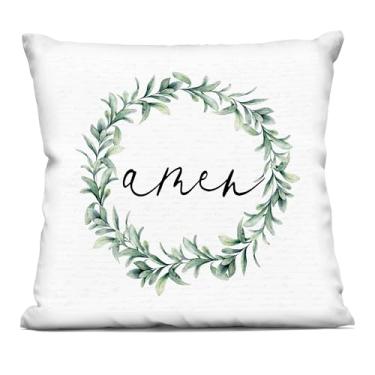 Imagem de Stupell Industries Amen Botanical Wreath & Script Almofada decorativa impressa, Design por Lettered and Lined