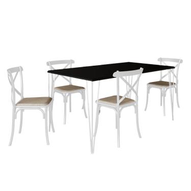 Imagem de Conjunto De Mesa Elen Retangular Tampo De Madeira 140X80Cm Preto Com 4 Cadeiras Katrina Branca