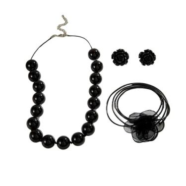Imagem de HWJQ Conjunto de colar e brinco de flor preta em camadas de tecido floral rosa gargantilha colar preto grosso com contas de acrílico, Middle, Acrílico, Sem Pedra Preciosa