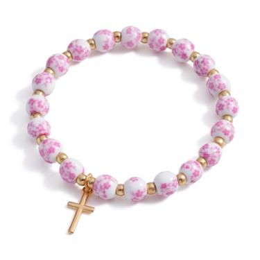 Imagem de ZHDHDQ Pulseira com pingente de cruz para mulheres, pulseira floral vintage antiga com contas e cruz elástica estética religiosa cristã primeira comunhão batismo confirmação presentes joias presentes