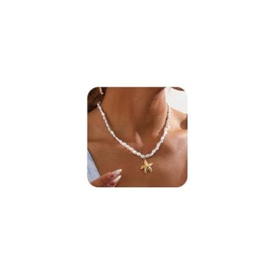 Imagem de BOOZIQ Conjunto de colar com pingente de estrela-do-mar dourado para mulheres, brincos e pulseira de pérolas barrocas, verão, oceano, praia, sereias, joias para mulheres, Choker Length, Liga de aço