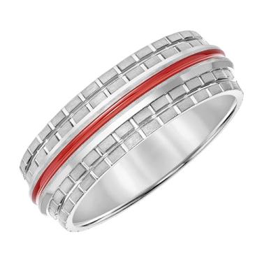 Imagem de Brilliant Expressions Aliança de casamento masculina de carboneto de tungstênio – Anel de acabamento fosco cinza e branco de 8,5 mm com linha central banhada a vermelho, perfil plano, ajuste