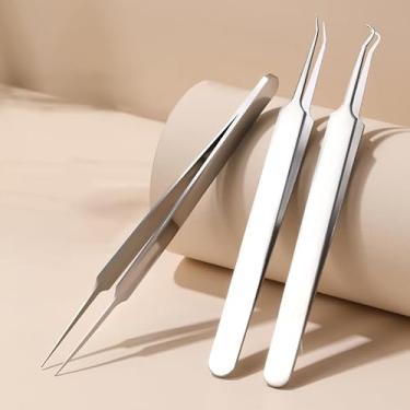 Imagem de Kit de pinças de cravos de precisão 3 em 1, kit de extrator de cravos e acne de aço inoxidável - pinças para cravos, espinhas e cabelos encravados