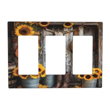 Imagem de BHGAHD Capas de tomada decorativas com chapéu de girassol ocidental design de porta de celeiro de madeira placa de parede de 3 gangues capa de interruptor de luz de interruptor de interruptor de luz