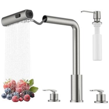 Imagem de BLYLUND Torneira de cozinha Waterfall de 4 furos com dispensador de sabão, torneira de cachoeira multifuncional de 5 modos com pulverizador de aço inoxidável torneiras de pia de cozinha (níquel