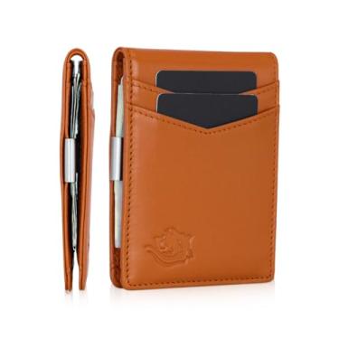 Imagem de Carteira masculina | 11 porta-cartões de crédito | Clipe de dinheiro embutido | Slim Minimalista | Bloqueio RFID | Couro premium | Presente para ele, Laranja, Fibra de carbono