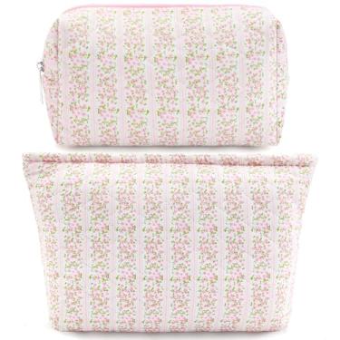 Imagem de 2 peças de bolsa de maquiagem de algodão acolchoada grande bolsa de maquiagem de viagem pequeno conjunto de porta-pincéis para mulheres, bolsa de maquiagem floral coquete fofa bolsa de cosméticos