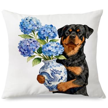 Imagem de Exqcom Capas de almofada Blue Chinoiserie Hydrangea Rottweiler 45 x 45, presentes Rottweiler para mulheres, Grandmillennial Cottagecore azul e branco floral rottie capas de almofada para casa sala de