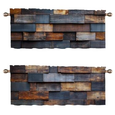 Imagem de WUQIANQ Conjunto de 2 cortinas de cozinha rústicas para janelas vintage painéis de madeira marrom cinza para quarto, sala de estar, banheiro, varão, bolso, cortinas de janela 137 x 45 cm