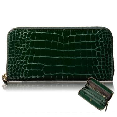 Imagem de VOICE Carteira longa tipo alinhamento de couro feito pela Toscânia na Itália Arte de couro bovino. GRETA Elegante e fácil de usar Estojo vertical para cartão em caixa de presente, Verde, Minimalista