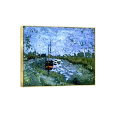Imagem de Famosa imagem de paisagem de arte de parede - impressões em tela - barcaça no canal - pintura com moldura dourada para sala de estar banheiro decoração de casa 30 x 35 cm 12 x 13 pol