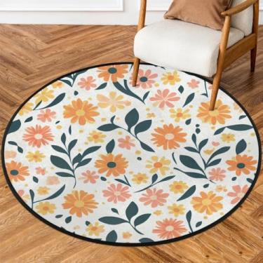 Imagem de Tapete redondo de 1,5 m de flor, fofo, laranja, macio, círculo, antiderrapante, lavável, tapete circular para quarto, berçário, sala de estar, cozinha, banheiro, entrada, decoração de casa