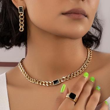 Imagem de Colar de corrente de elos cubanos de ouro grosso, brincos pendurados e anel quadrado preto conjunto de joias ousadas modernas conjunto de 3 peças para mulheres