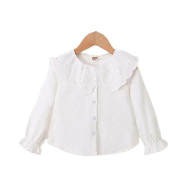 Imagem de Camiseta Infantil Feminina Branca De Manga Comprida Com Botões E Gola 