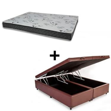 Imagem de Cama Baú Queen 158 Tecido Sintético Marrom Com Colchão Miller - 100% Espuma - D33 Cinza 55x158x198