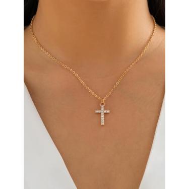 Imagem de Colar minimalista com pingente de cruz de strass para mulheres - Corrente de clavícula em tom de ouro/prata - Presente moderno simples e distinto, One Size, Metal Vidro, Sem Pedra Preciosa