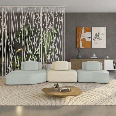 Imagem de Sofá Ilha Sala de Estar Dakota 3 Módulos 484cm Encostos Almofadas Soltas Linho Cinza/Bege G33 - Gran Belo