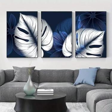 Imagem de 3 peças de arte botânica azul branco acima do sofá 20 x 30 cm arte de parede presente para casa moderna, escritório, sala de estar, decoração de quarto, pôster de tela sem moldura presente de arte de