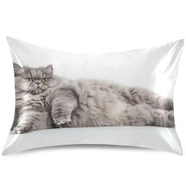 Imagem de Capas de almofada de cetim com estampa de gato cinza preguiçoso, capas de travesseiro padrão King Queen, arte colorida, decoração de cama, tamanho Queen, 76 cm x 50 cm