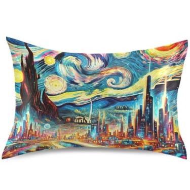Imagem de Starry Night Cityscape Capa de almofada de cetim refrescante King Queen Capa de almofada padrão colorida para quarto estética, tamanho king, 101,6 cm x 50,8 cm