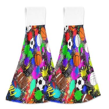 Imagem de Toalhas de mão de primavera com laços para pendurar, bolas esportivas coloridas, bolas de basquete, forno, toalhas de chá, conjunto de 2, absorvente, macio, fofo, cozinha, banheiro, decoração, 46 x 35