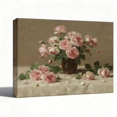 Imagem de Arte de parede em tela floral romântica, ramo de rosas rosa, natureza morta, impressão de pintura a óleo clássica para entrada de quarto, sala de estar, imagem em tela embrulhada para galeria, 20 x 25