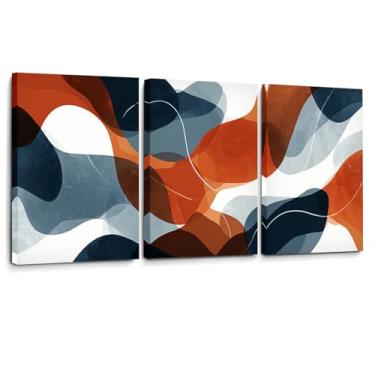 Imagem de Conjunto de 3 arte de parede abstrata, impressões em tela modernas de meados do século | Decoração geométrica laranja queimada e azul marinho | Arte minimalista em tríptico para sala de estar, quarto