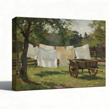 Imagem de Arte de parede em tela de lavanderia, impressão de pintura a óleo de paisagem de fazenda rústica, cena de varal e vagão, decoração de parede de casa de campo, embrulhada para galeria, pronta para