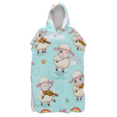 Imagem de TSENQUE Poncho de surf para adultos trocador com capuz toalha de natação absorvente masculino poncho com capuz bonito desenho animado ovelhas arco-íris