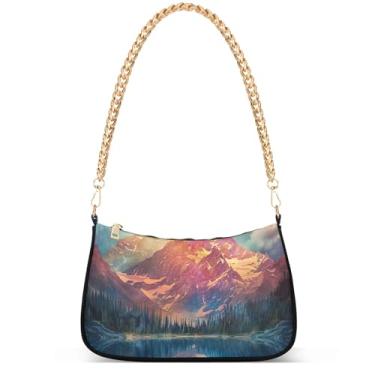 Imagem de Ovos de Páscoa coelho prado bolsas fofas mulheres Hobo festa bolsa feminina pequena bolsa de ombro fofa desenho animado pequena, Montanha com paisagem de fantasia