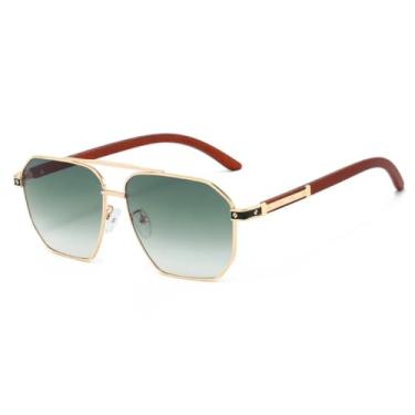 Imagem de Óculos de Sol Masculinos com Textura de Madeira, Armação Dupla de Metal, Proteção UV400, Modelo Casual para Viagens (Verde)