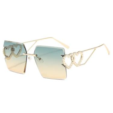 Imagem de HCPIHF Óculos de sol retrô sem aro feminino e masculino com decoração em metal e lentes UV400 (dourado, verde e amarelo)