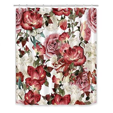 Imagem de LB Cortina de chuveiro floral vintage com ganchos, cortina de banheiro com flor de rosa peônia vermelha, rosa branca, 152 x 182 cm, tecido de poliéster à prova d'água acessórios de banheiro