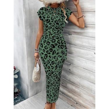 Imagem de Vestido midi feminino com estampa de leopardo verde - vestido colado ao corpo de manga curta com cintura torcida, Verde escuro, XX-Large
