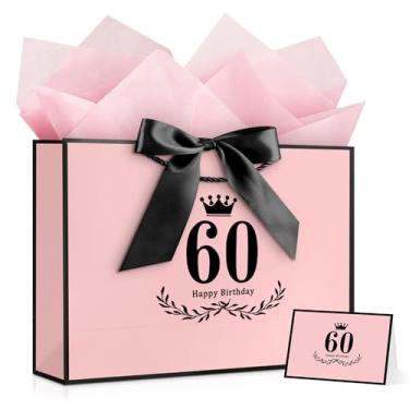 Imagem de JMANNI Bolsa de presente de aniversário de 60 anos, rosa com laço de cetim preto e design de coroa, grande bolsa de presente de feliz aniversário de 60 anos para lembrancinhas de festa, tamanho 36 x