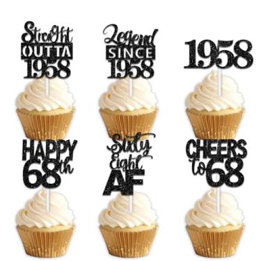 Imagem de 18 pçs Picareta de cupcake de sobremesa com glitter preto para Straight Outta 1957 Legend Since 1957 suprimentos de decoração temática homens feliz 68º aniversário decoração de festa