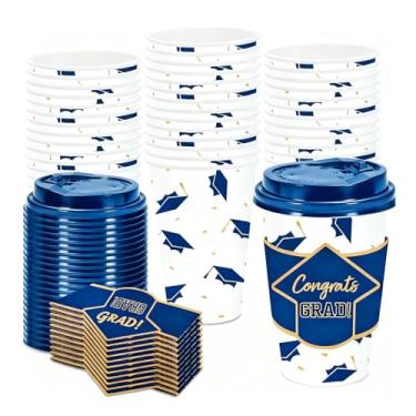 Imagem de JarThenaAMCS Conjunto de 48 xícaras de café descartáveis para graduação com tampas tampas copos de bebida folha dourada azul Grad Cap copo de papel para artigos de festa de graduação de parabéns