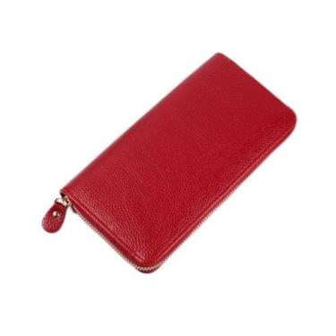 Imagem de Carteira feminina de couro genuíno com dobra dupla/tripla - Suporte minimalista para cartão de crédito com bloqueio de RFID e bolso para moedas, Vermelho, Casual