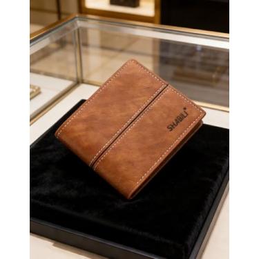 Imagem de Carteira curta masculina dobrável de couro, dobrável fina com vários bolsos para cartão (marrom claro)