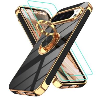 Imagem de Gritup Capa para celular Google Pixel 9 Pro com 2 peças protetoras de tela | Suporte magnético de rotação de 360° | Capa protetora básica de TPU macio com borda dourada revestida para Pixel 9 preta