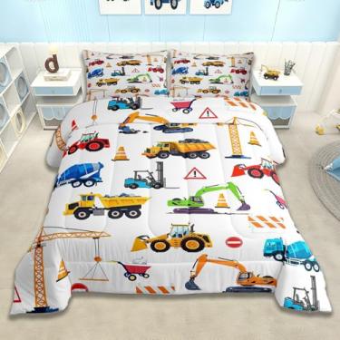 Imagem de Feelyou Conjunto de edredom de veículos de construção, tamanho casal, branco, escavadeira, equipamento, caminhões, edredom para decoração de quarto de crianças, meninos, meninas, microfibra