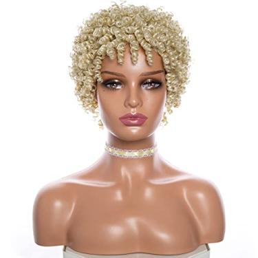 Imagem de fallsea Perucas curtas para mulheres negras peruca cacheada loira curta com franja peruca encaracolada afro afro com franja perucas de cabelo natural para mulheres negras cabelo trançado afro elástico (613)