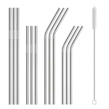Imagem de Pacote com 12 tubos reutilizáveis para beber com estojo - Canudos longos com escovas de limpeza