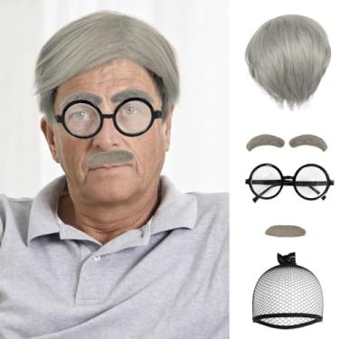 Imagem de Touca de cabelo + 4 peças de peruca de homem velho para adultos (óculos + sobrancelhas + barba) fantasia de férias de Natal peruca cinza Pelucas Para Hombres 100º dia de escola perucas masculinas