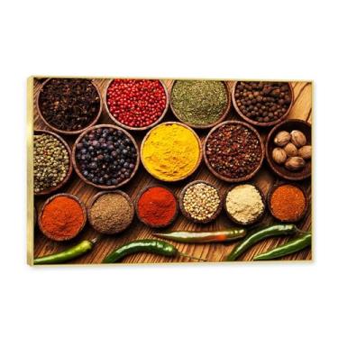 Imagem de Moldura dourada. Arte de parede em tela de especiarias coloridas e colher de tempero | Decoração de cozinha vintage | Arte moderna para casa e sala de jantar. C110. 40 x 60 cm - 15,8 x 23,7 pol