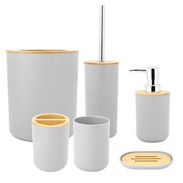 Imagem de Domary Acessórios do Banheiro 6 Pçs Conjunto Caixa de Sabão Titular Escova de Dentes Enxaguar Copo Loção Garrafa Kit Cinza Preto Branco Família Completa Banheiro (Cinza)