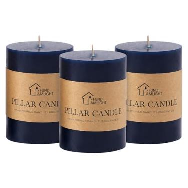 Imagem de Conjunto de 3 velas de pilar azul marinho de 7 x 10 cm - velas de pilar sem cheiro, velas longas sem gotejamento para decoração de mesa de casa, vela grande sem fumaça para casamento, jantar, igreja